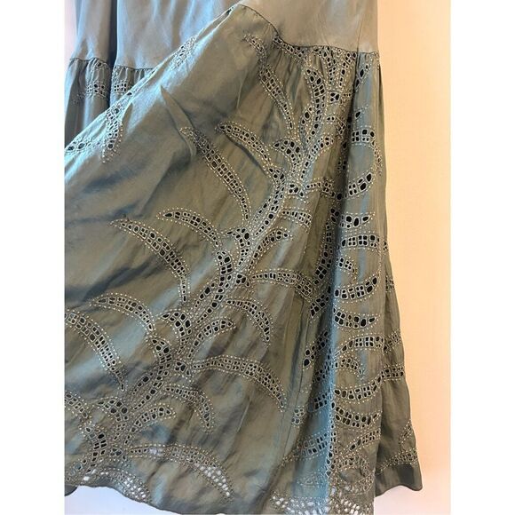 Gold Hawk 100% silk boho eyelet skirt olive green sz L lagenlook - Picture 7 of 7